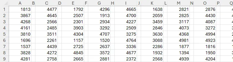 Bảng tính Excel với các cột xen kẽ trống và độ rộng 1 đơn vị