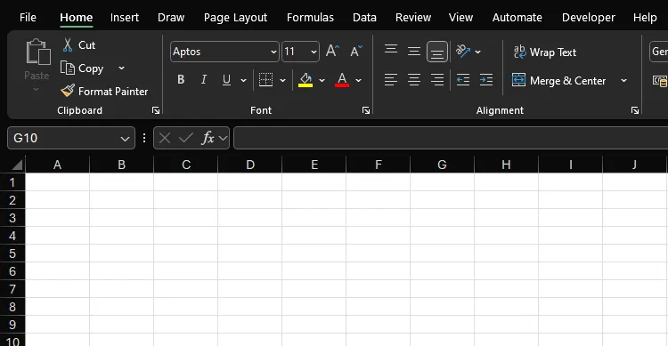 Bảng tính Excel với chế độ sáng trong chủ đề đen được kích hoạt, các ô vẫn trắng.