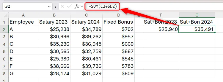 Bảng tính Excel với công thức tham chiếu hỗn hợp đã điều chỉnh theo cột