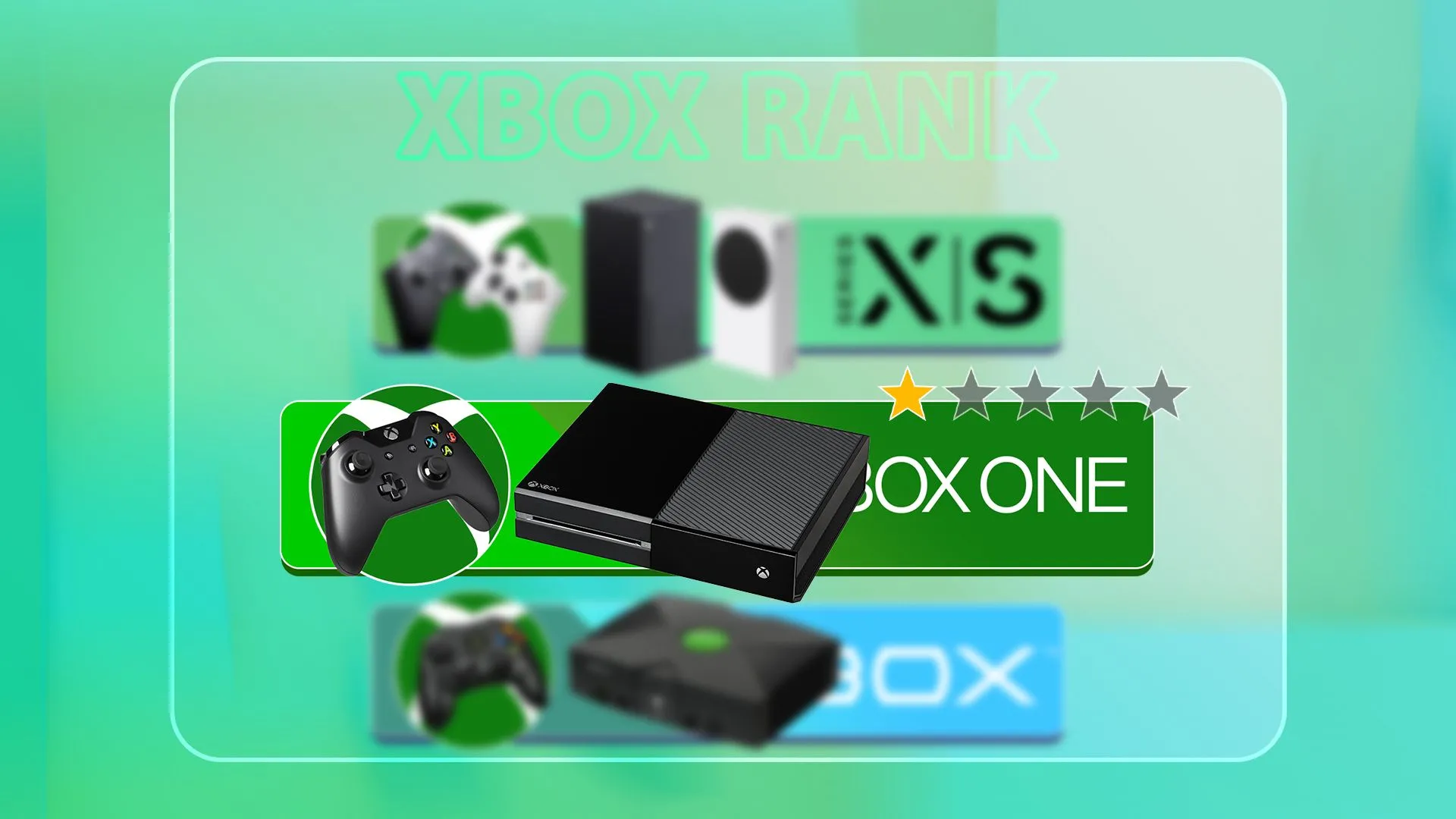 Bảng xếp hạng với Xbox One ở trung tâm, cùng Xbox Series và Xbox đời đầu mờ phía sau, minh họa sự tiến hóa của Xbox và bộ nhớ trong