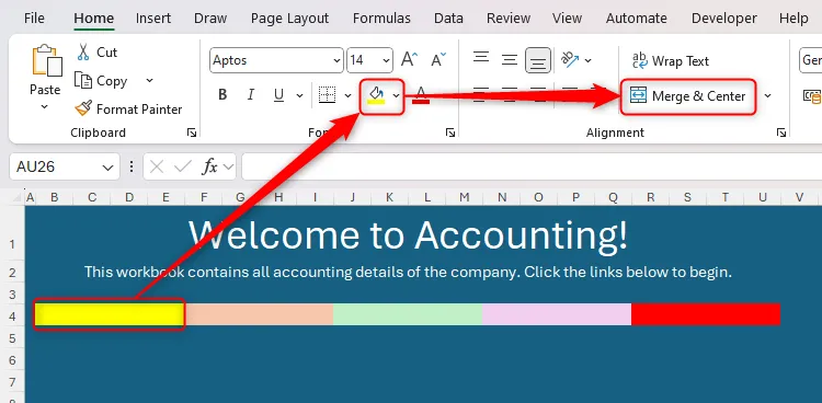 Banner liên kết được thêm vào workbook Excel, mỗi liên kết có nền màu khác nhau và các ô bên trong đã được gộp