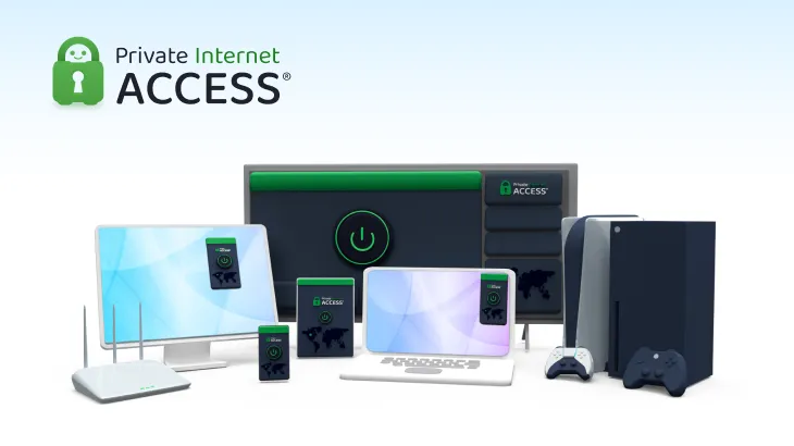 Banner quảng cáo Private Internet Access (PIA) với các thiết bị công nghệ như điện thoại, máy tính bảng và laptop, tượng trưng cho khả năng bảo vệ đa nền tảng của VPN giá rẻ này.