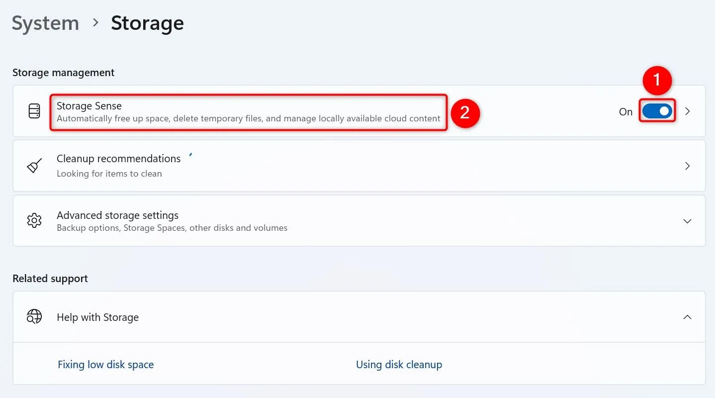 Bật tính năng Storage Sense trong cài đặt Windows 11