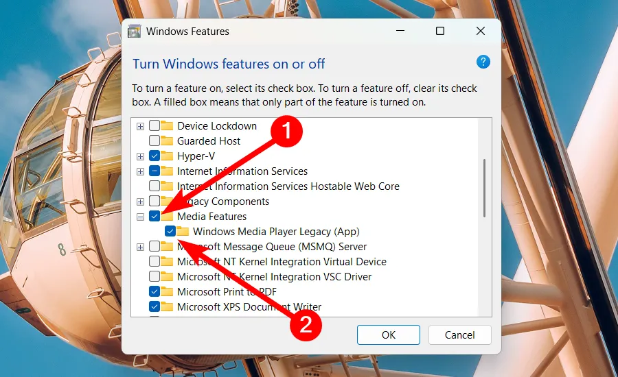 Bật tính năng Windows Media Player Legacy trong cửa sổ &quot;Turn Windows features on or off&quot; trên Windows 11.