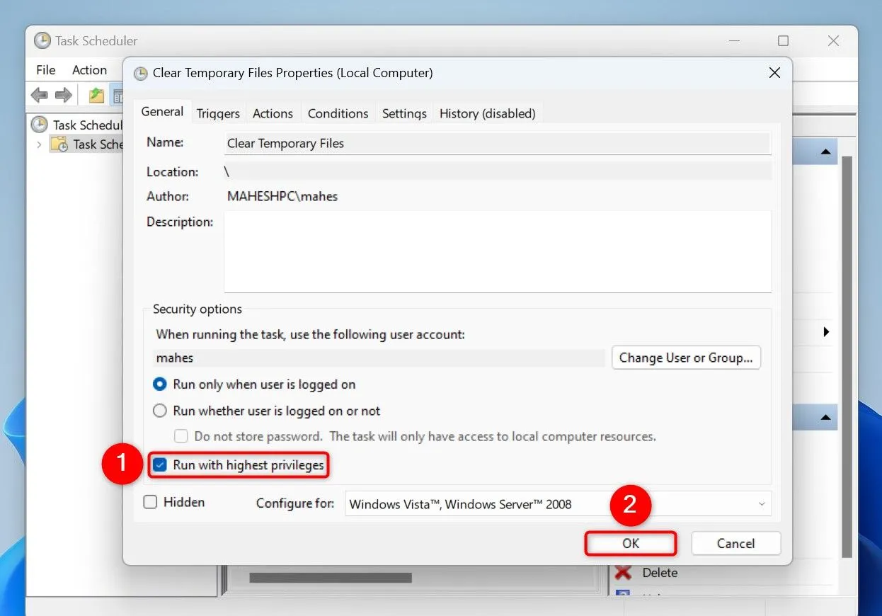 Bật tùy chọn Run With Highest Privileges cho tác vụ dọn dẹp file tạm
