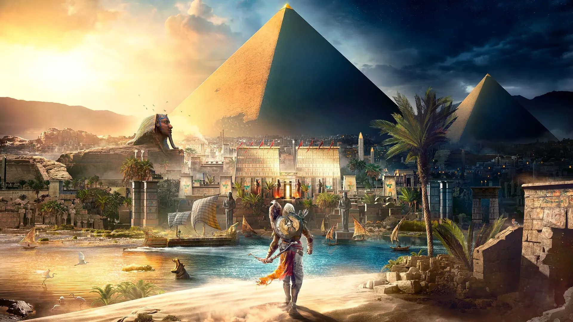 Bayek of Siwa cùng con đại bàng Senu bay lượn trên bầu trời Ai Cập cổ đại trong Assassin's Creed Origins