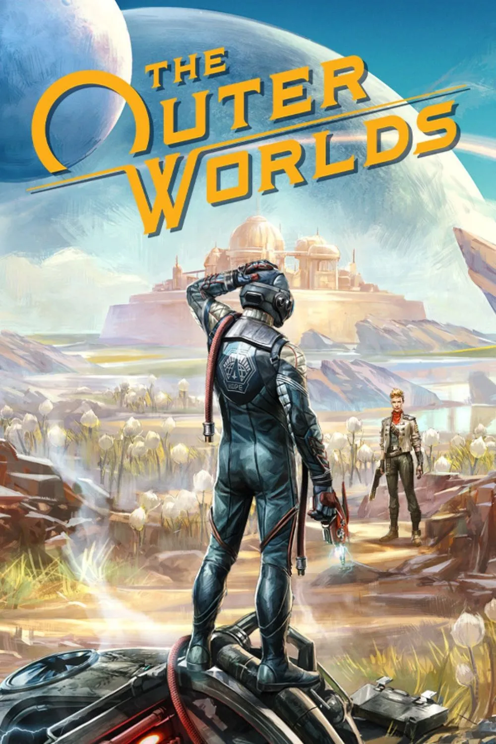 Bìa game The Outer Worlds với phi hành đoàn và bối cảnh khoa học viễn tưởng