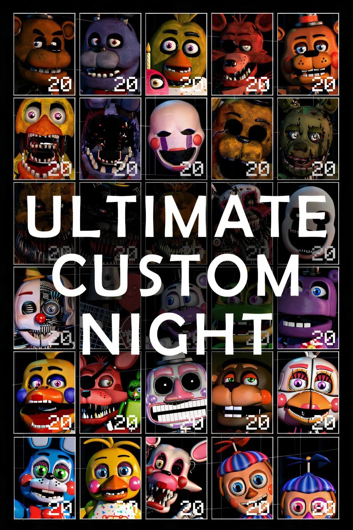 Bìa game Ultimate Custom Night của Five Nights at Freddy's, một game kinh dị sinh tồn tùy chỉnh miễn phí trên Steam