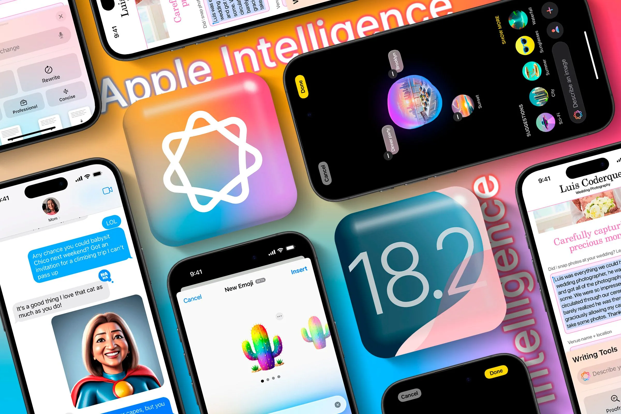 Biểu tượng Apple Intelligence với các tính năng AI xung quanh, minh họa sự tích hợp trên iOS 18.2
