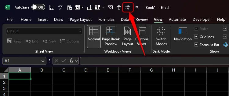 Biểu tượng chế độ sáng trên Thanh công cụ truy cập nhanh của Excel, cho phép chuyển đổi nhanh chế độ hiển thị.