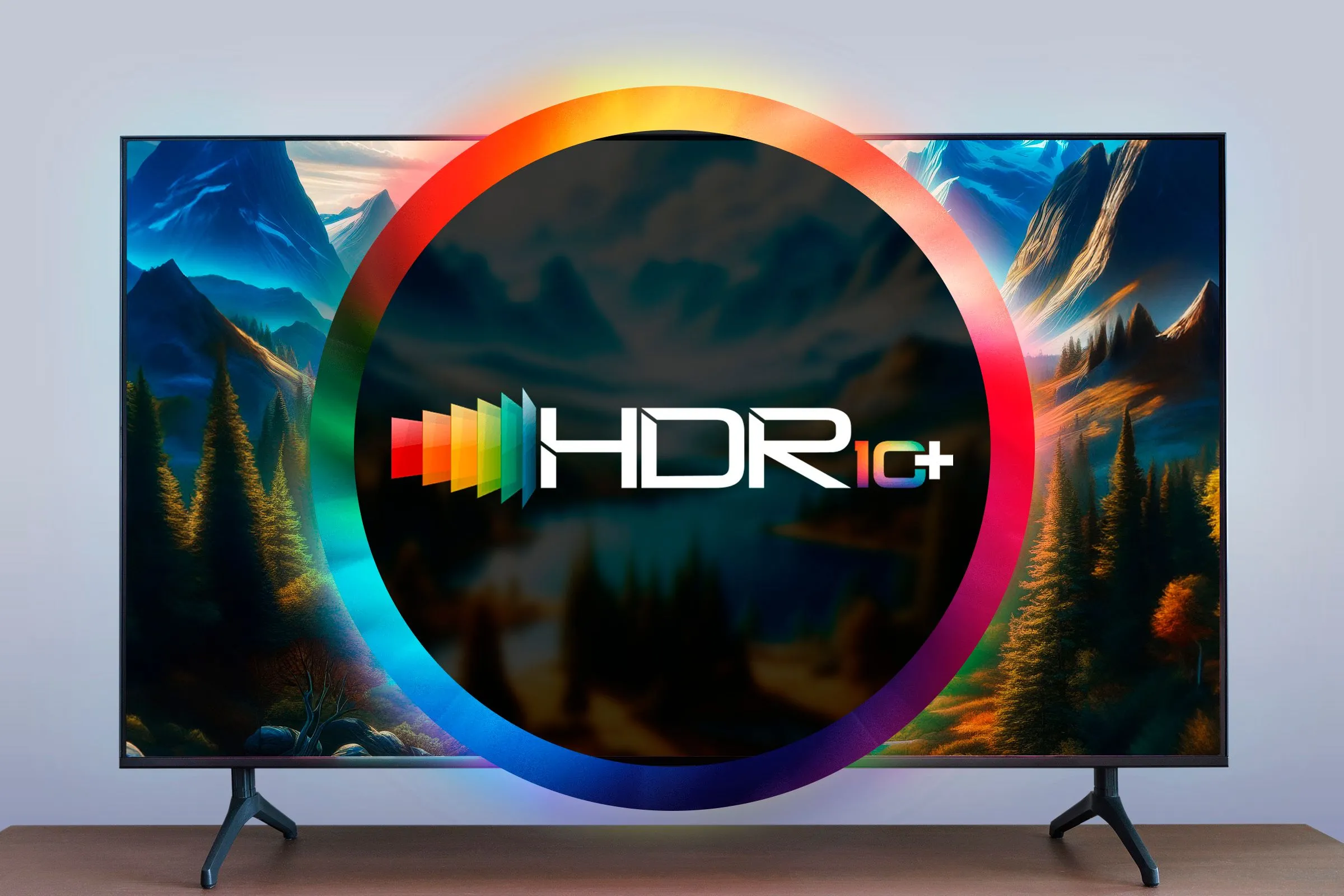 Biểu tượng HDR10+ trên nền hình ảnh TV và bánh xe màu sắc, tượng trưng cho công nghệ HDR.