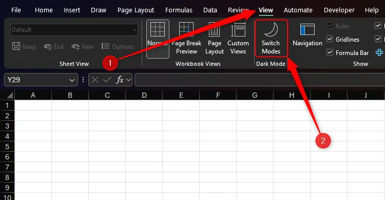 Biểu tượng Switch Modes trên tab View trong Microsoft Excel để chuyển đổi giữa chế độ sáng và tối cho ô tính.