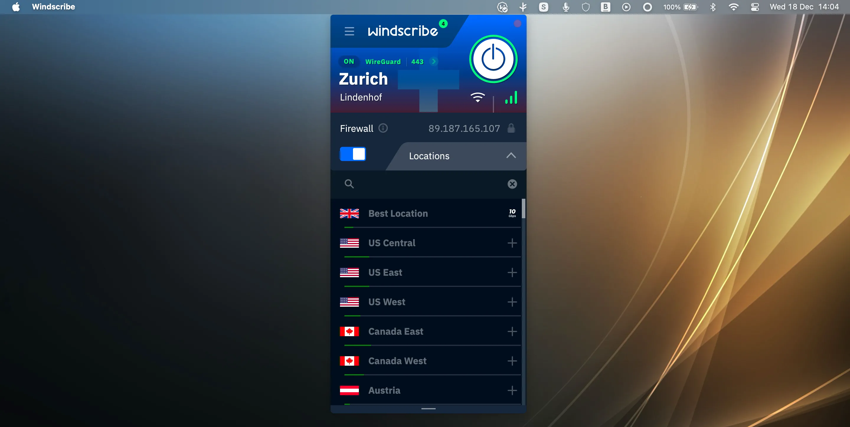 Biểu tượng Windscribe VPN trong thanh menu macOS, đại diện cho tính năng miễn phí và khả năng tùy chỉnh của dịch vụ VPN, phù hợp cho người dùng Android tìm kiếm giải pháp bảo mật tiết kiệm.