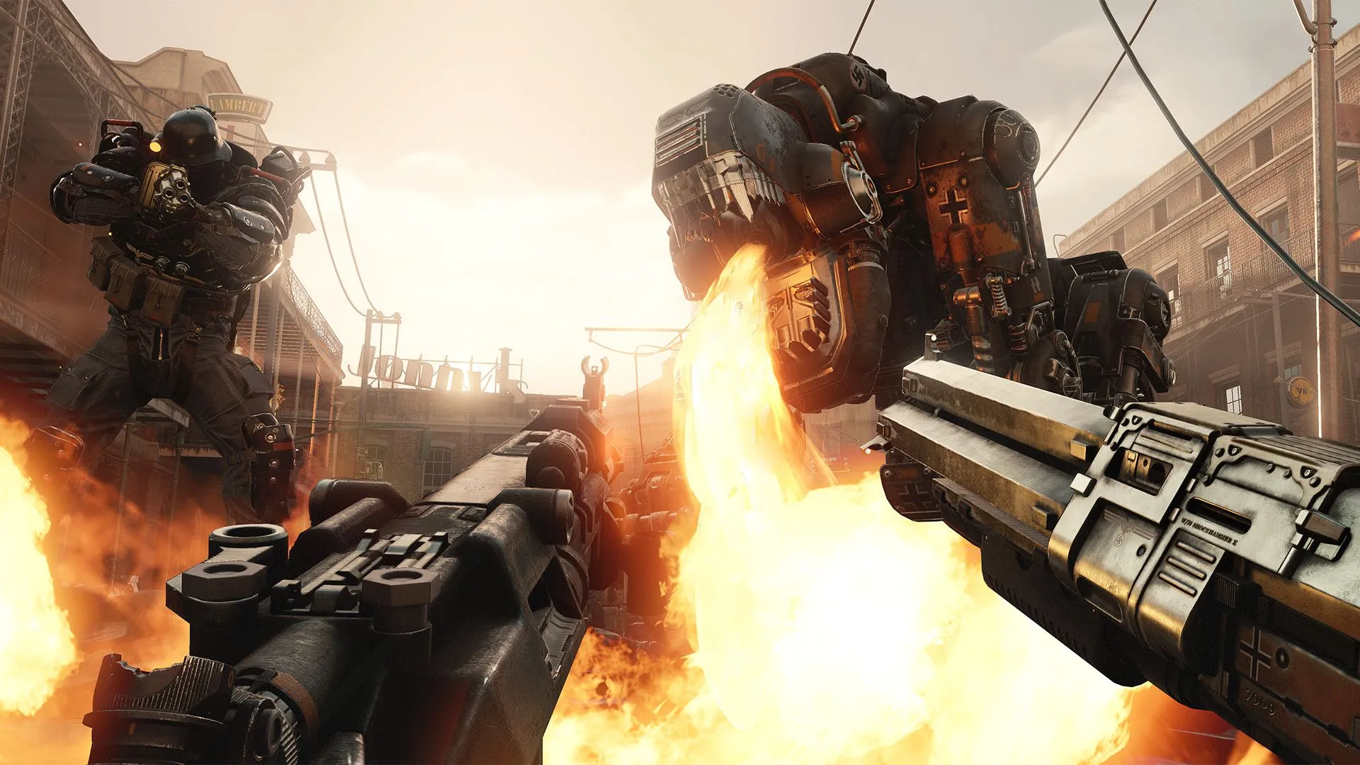 BJ Blazkowicz ẩn nấp và chiến đấu trong môi trường đổ nát của Wolfenstein II: The New Colossus, thể hiện độ khó Mein Leben