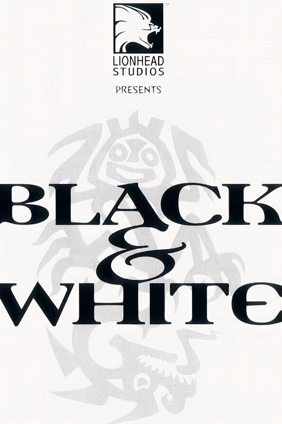 Black &amp; White - Vị thần và sinh vật khổng lồ của mình đang tương tác với dân làng trên hòn đảo, thể hiện cơ chế độc đáo của game mô phỏng thần.