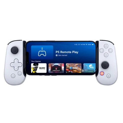 Bộ điều khiển Backbone One PlayStation Edition kết nối với điện thoại Android, hiển thị ứng dụng Backbone với giao diện chơi game.