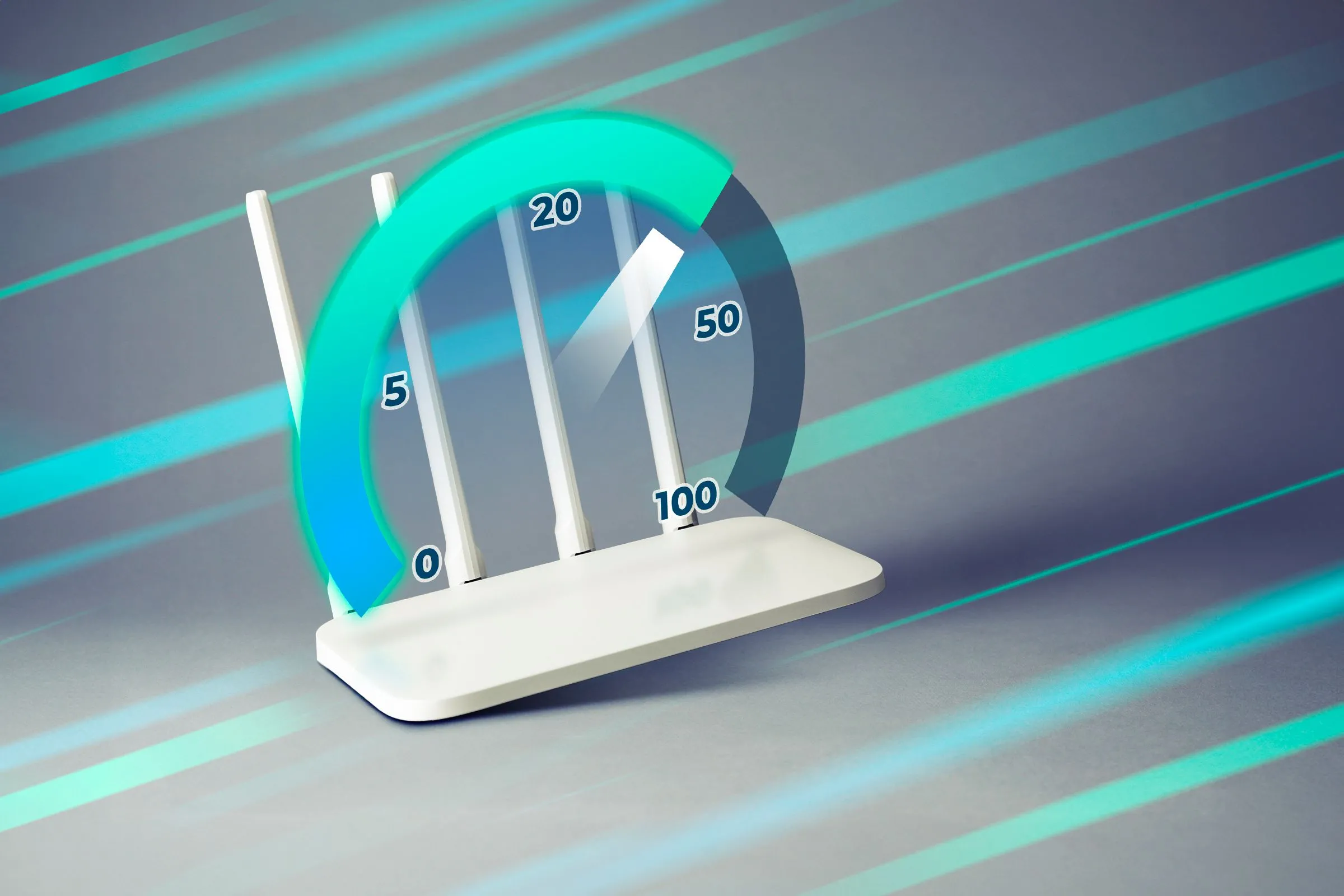 Bộ định tuyến Wi-Fi với chỉ số đo tốc độ internet và luồng ánh sáng xung quanh