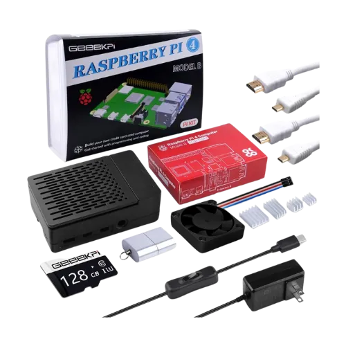 Bộ khởi động GeeekPi Raspberry Pi 4 8GB, bao gồm bo mạch chủ, vỏ bảo vệ, thẻ nhớ microSD, bộ nguồn, quạt tản nhiệt và cáp HDMI.