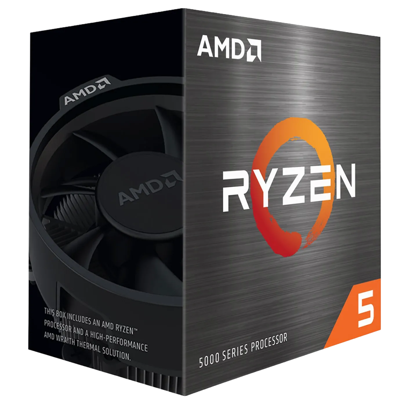 Bộ xử lý AMD Ryzen 5 5500 với quạt tản nhiệt Wraith Stealth đi kèm, hiển thị logo AMD