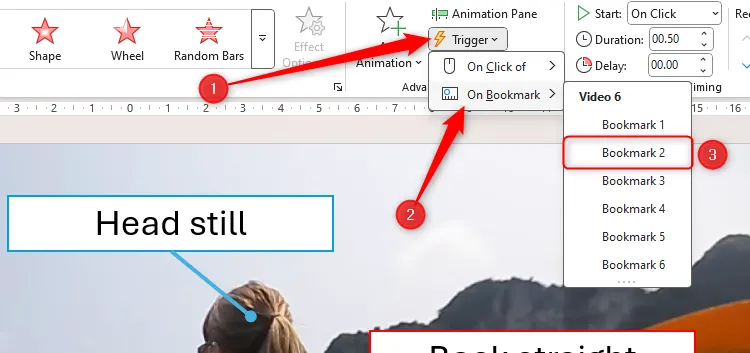 Bookmark 2 được chọn trong menu thả xuống Trigger hoạt hình trong PowerPoint