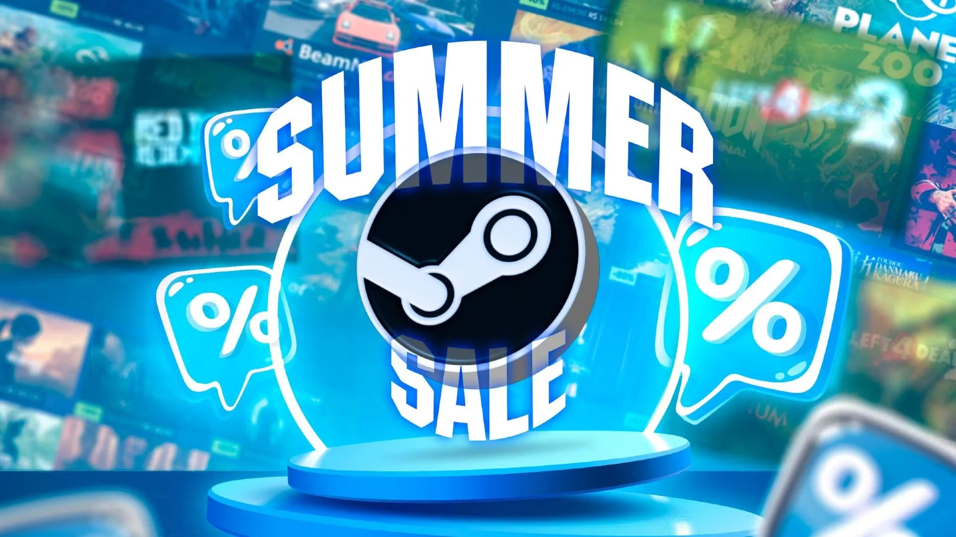 Bục vinh quang với logo Steam và các biểu tượng giảm giá xung quanh, thể hiện các đợt khuyến mãi hấp dẫn