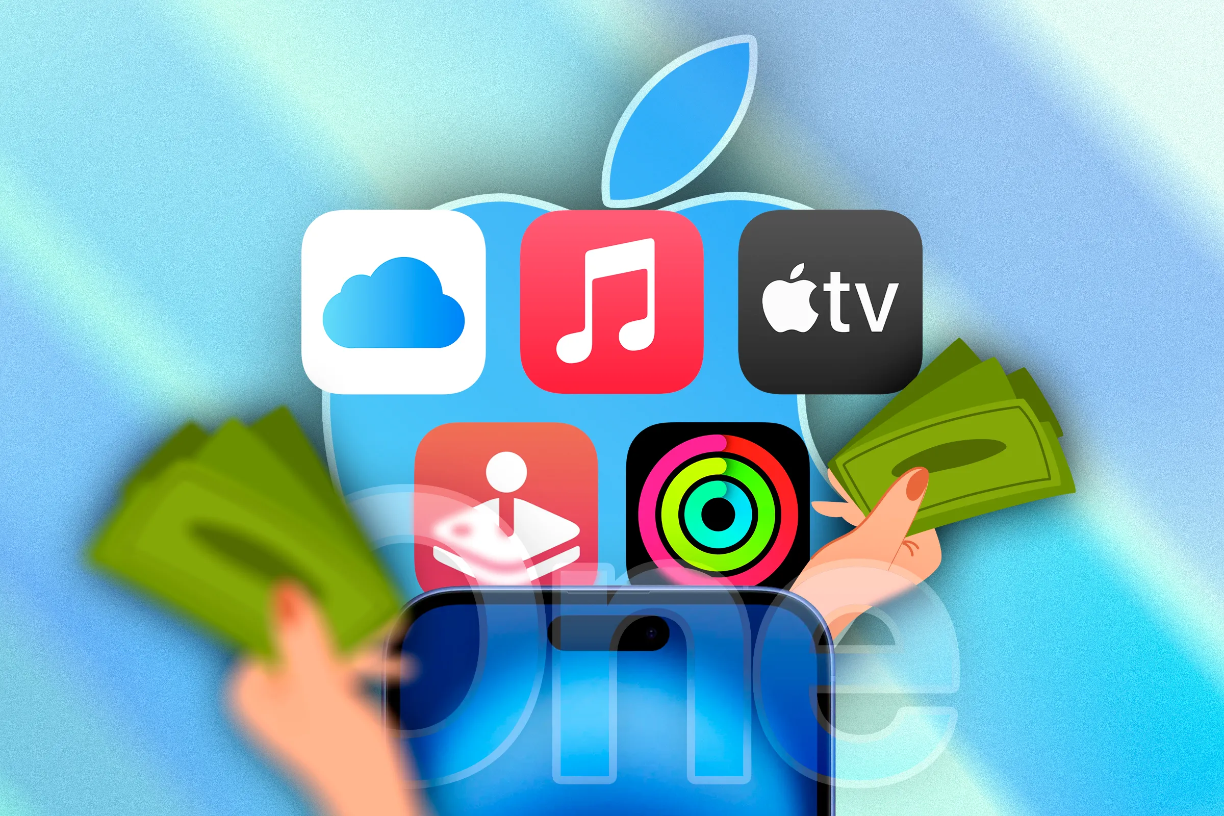 Các biểu tượng ứng dụng trong gói Apple One Premier và hình ảnh bàn tay cầm tiền mặt, tượng trưng cho lợi ích tiết kiệm chi phí