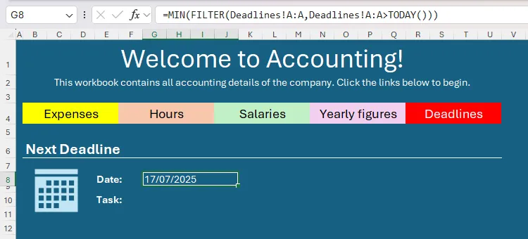 Các hàm MIN, FILTER và TODAY được sử dụng trong Excel để trả về ngày tiếp theo từ một danh sách