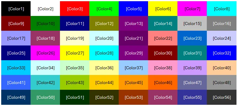 Các mã màu có thể sử dụng trong định dạng số tùy chỉnh Custom Number Format của Microsoft Excel.