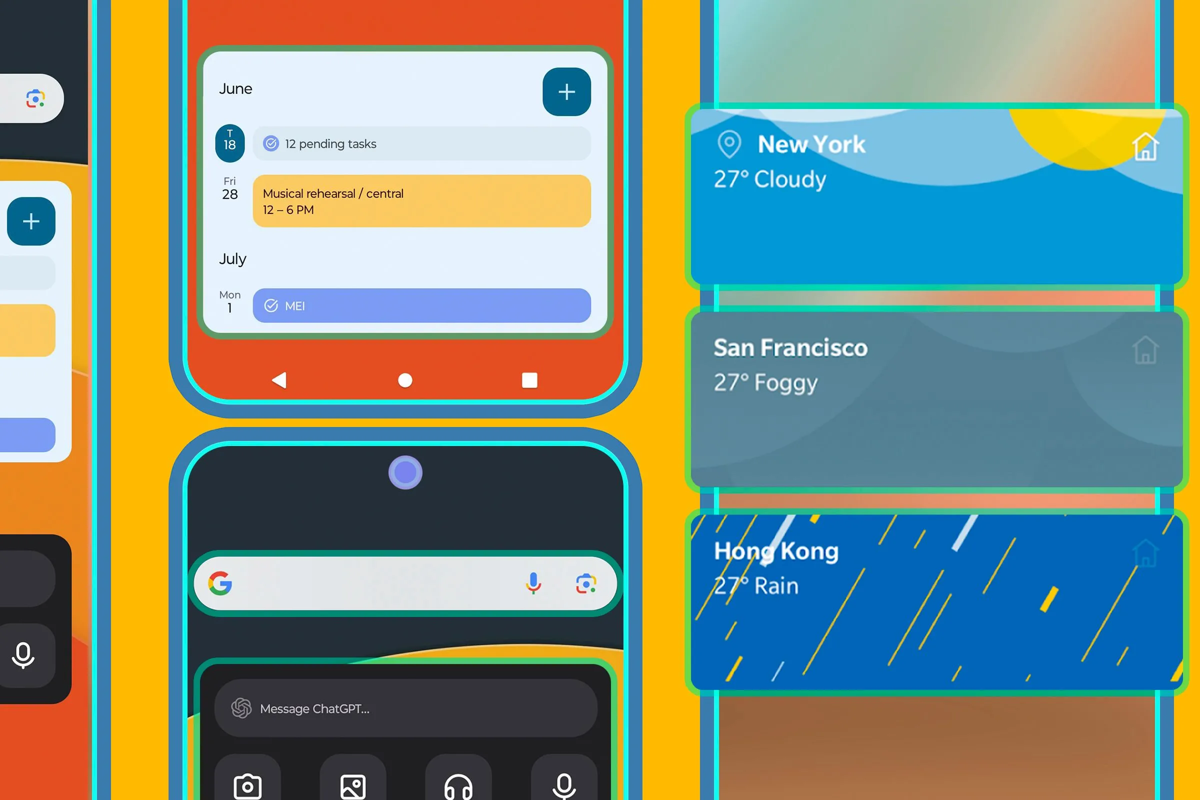 Các màn hình điện thoại Android khác nhau với nhiều tiện ích (widget) được sắp xếp gọn gàng, minh họa khả năng tùy biến màn hình chính của người dùng.