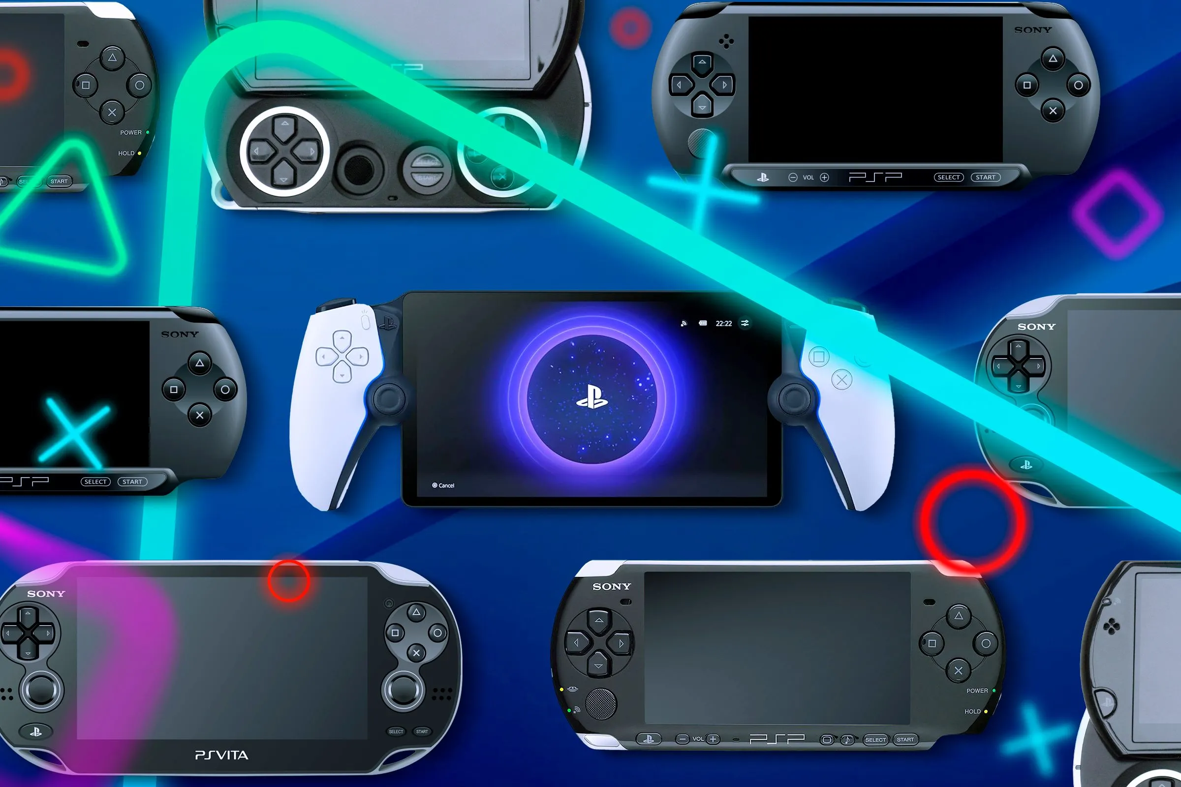 Các máy chơi game cầm tay của Sony đặt cạnh nhau, gợi ý về lịch sử và tiềm năng phát triển của console di động.