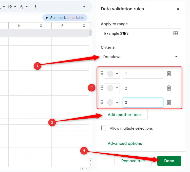 Các mục đang được nhập vào bảng Quy tắc xác thực dữ liệu cho danh sách thả xuống trong Google Sheets.