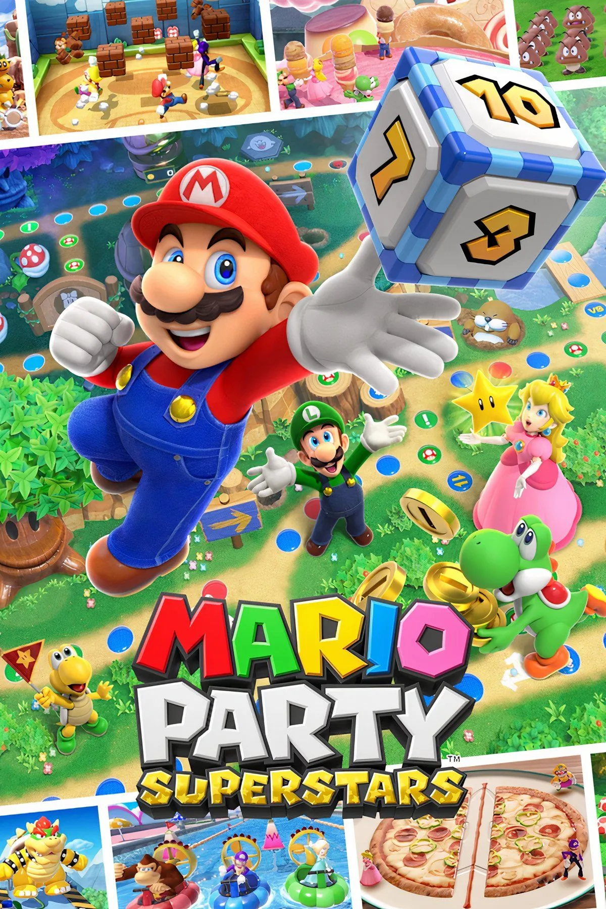 Các nhân vật Mario Party vui vẻ chơi trên một bàn cờ đầy màu sắc với nhiều ô cờ và mini-game