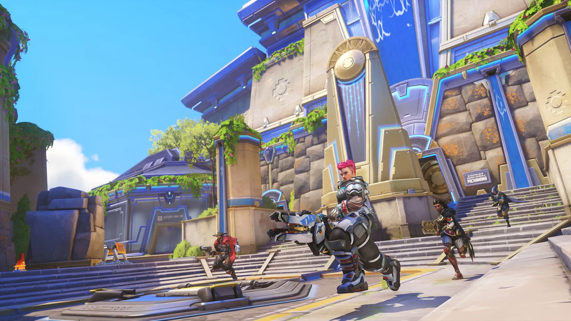 Các nhân vật Overwatch 2 như Genji, Tracer và D.Va đứng trước một kiến trúc cung điện ấn tượng