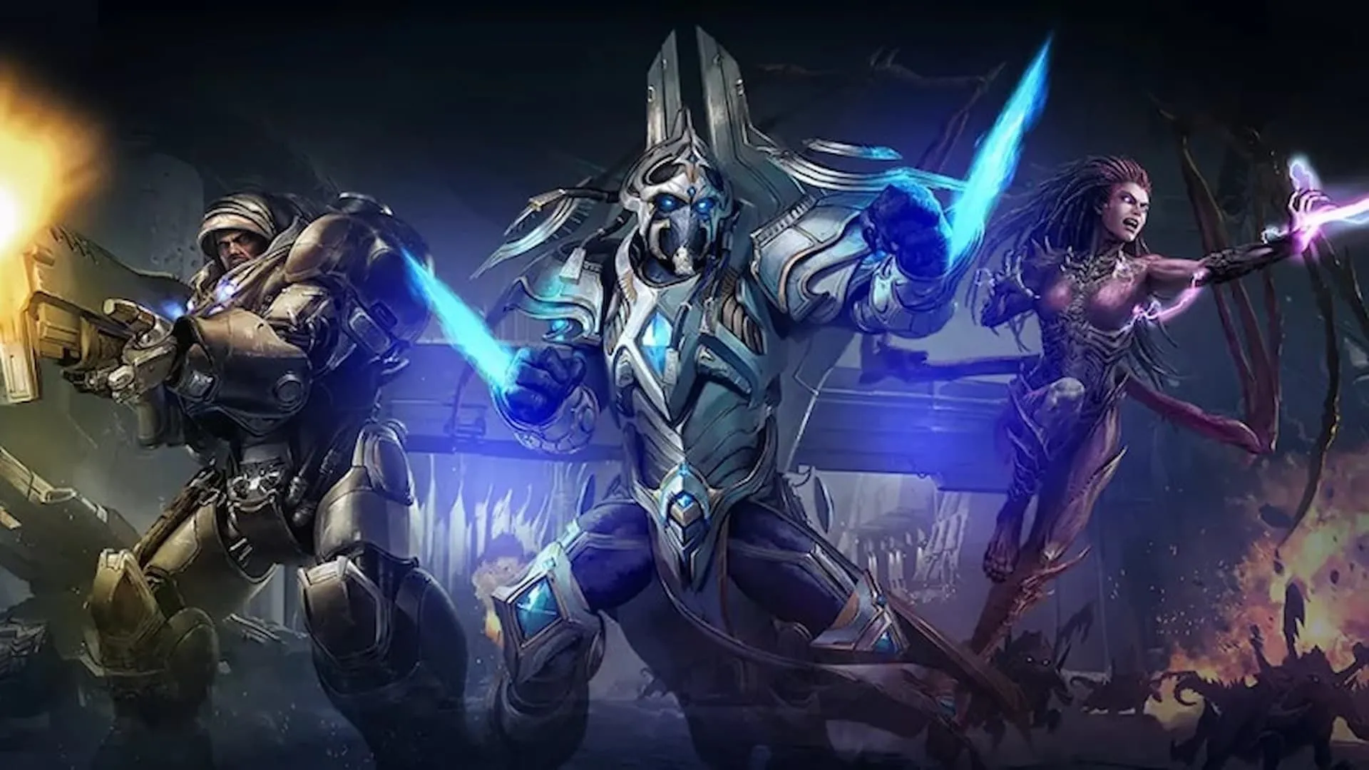 Các nhân vật StarCraft II Remastered gồm Kerrigan, Zeratul và Artanis trong hình ảnh quảng cáo