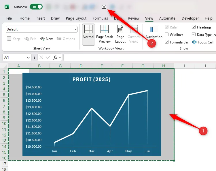 Các ô xung quanh một biểu đồ trong Excel được chọn, và công cụ Camera trong QAT được chọn