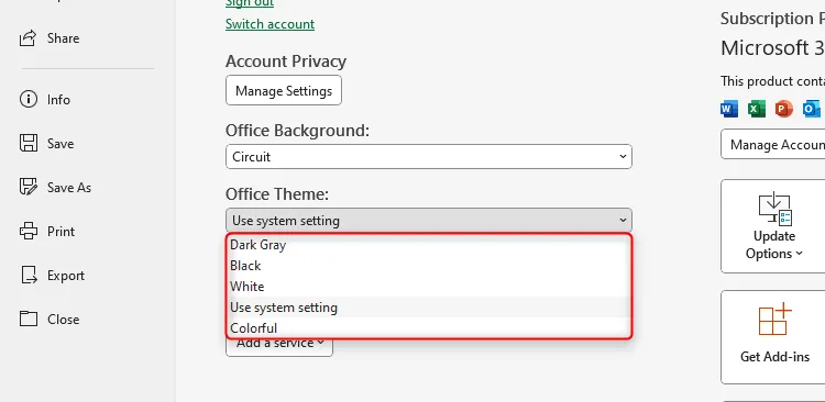 Các tùy chọn chủ đề Office khác nhau trong cài đặt tài khoản Excel.