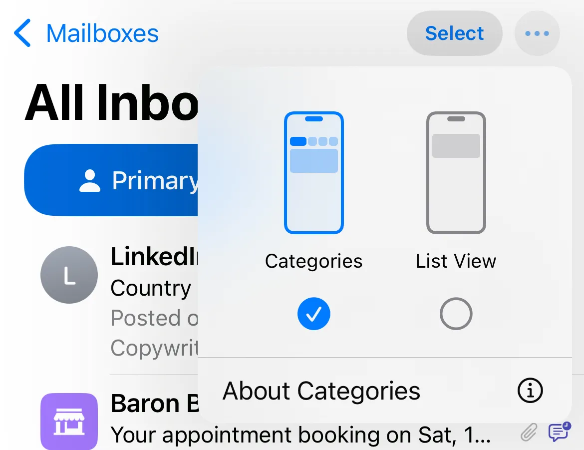 Các tùy chọn để tắt tính năng phân loại email của Apple Mail trên iPhone, chuyển sang chế độ xem danh sách