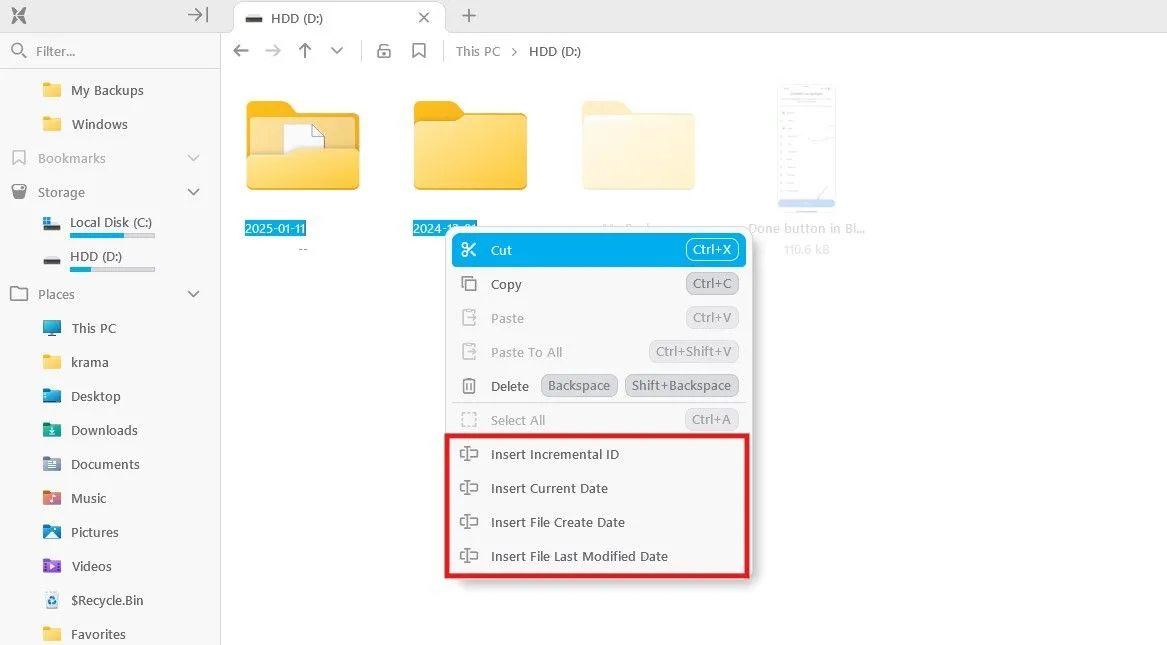 Các tùy chọn đổi tên hàng loạt nâng cao trong menu ngữ cảnh của File Pilot.