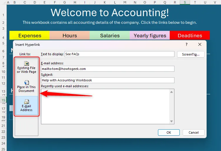 Các tùy chọn loại liên kết khác nhau trong hộp thoại Chèn Siêu liên kết của Excel
