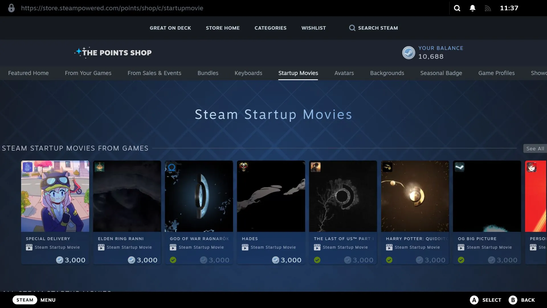 Các video khởi động Steam (startup movies) có sẵn trong Cửa hàng Điểm Steam, bao gồm các chủ đề game nổi tiếng.