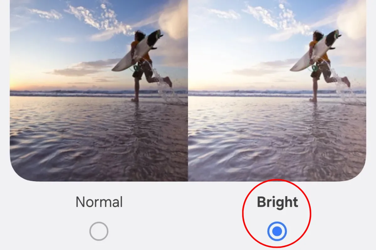 Cài đặt &quot;Độ sáng video&quot; trong phần Tính năng nâng cao của Galaxy S25, cho phép chọn chế độ &quot;Sáng&quot; để tăng cường trải nghiệm xem.