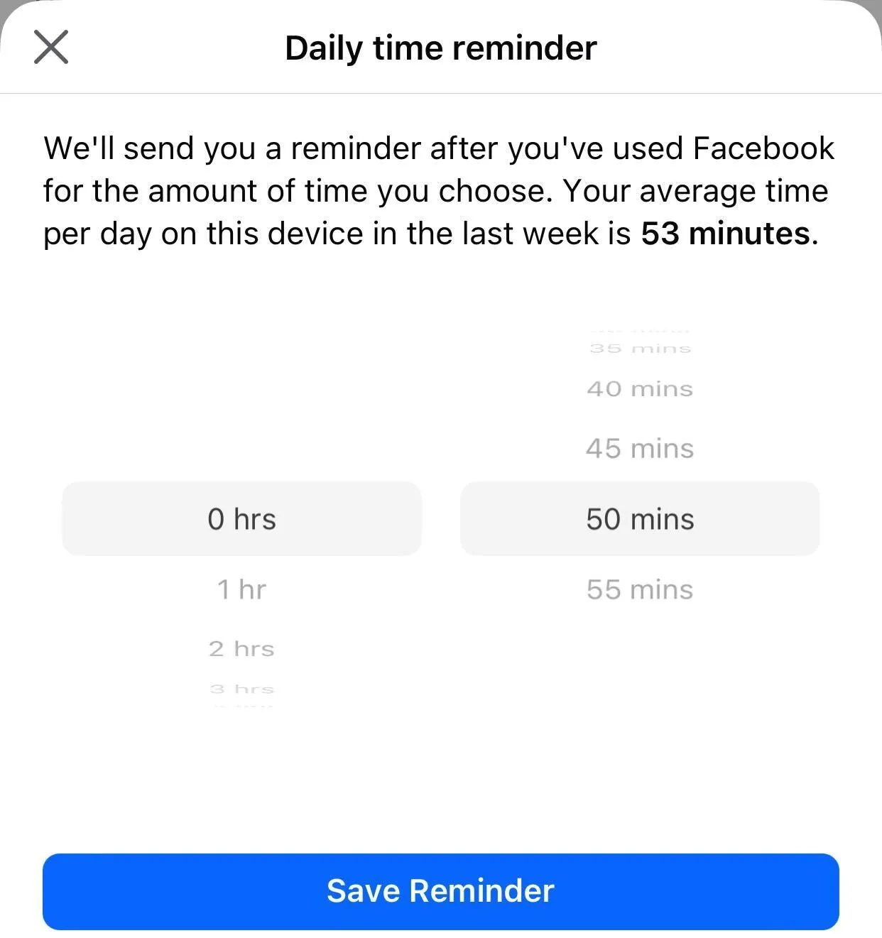 Cài đặt nhắc nhở giới hạn thời gian sử dụng Facebook hàng ngày để quản lý thời gian hiệu quả.