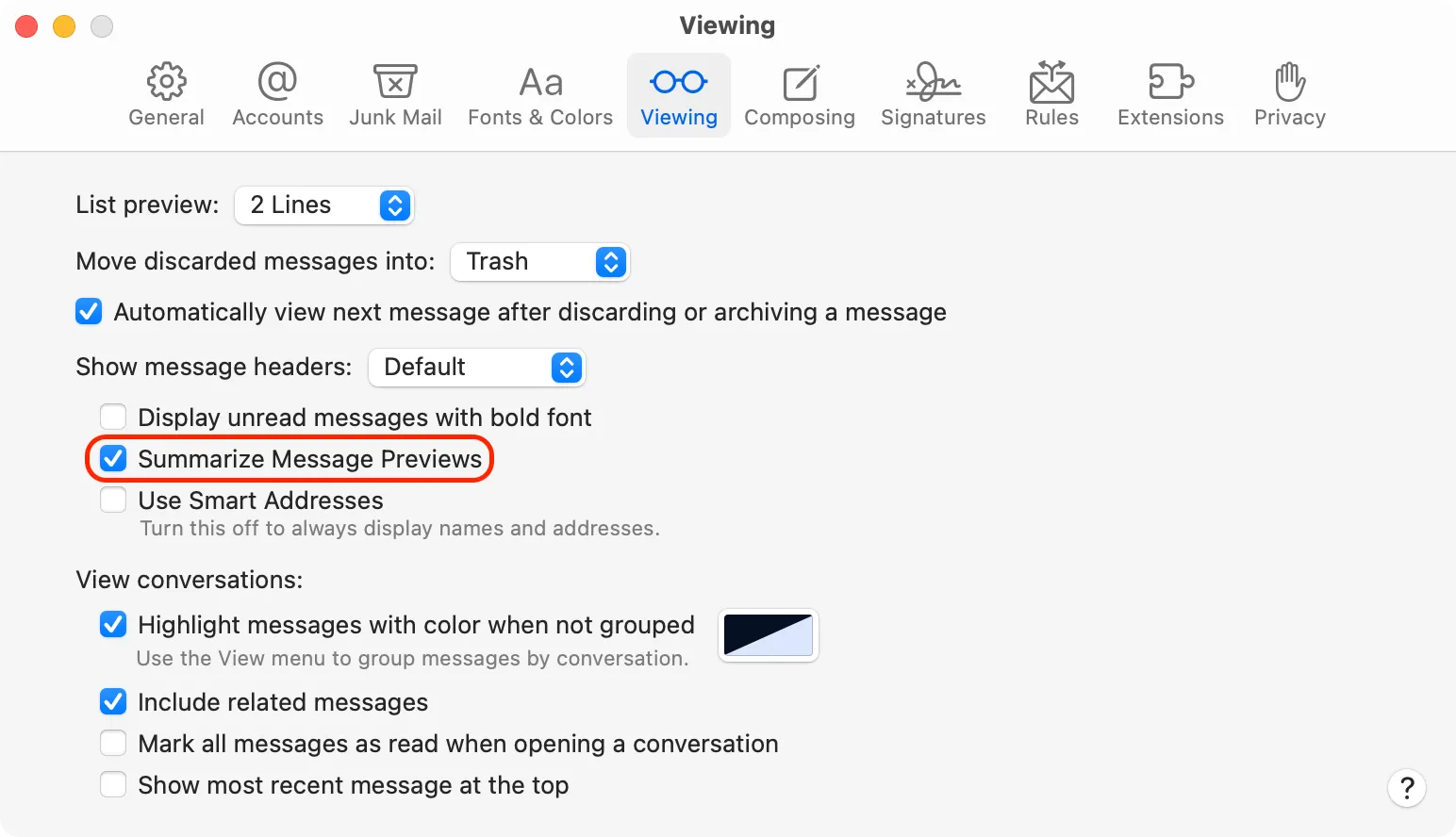 Cài đặt tắt tính năng tóm tắt xem trước tin nhắn trong Apple Mail trên Mac thông qua tab &quot;Viewing&quot;
