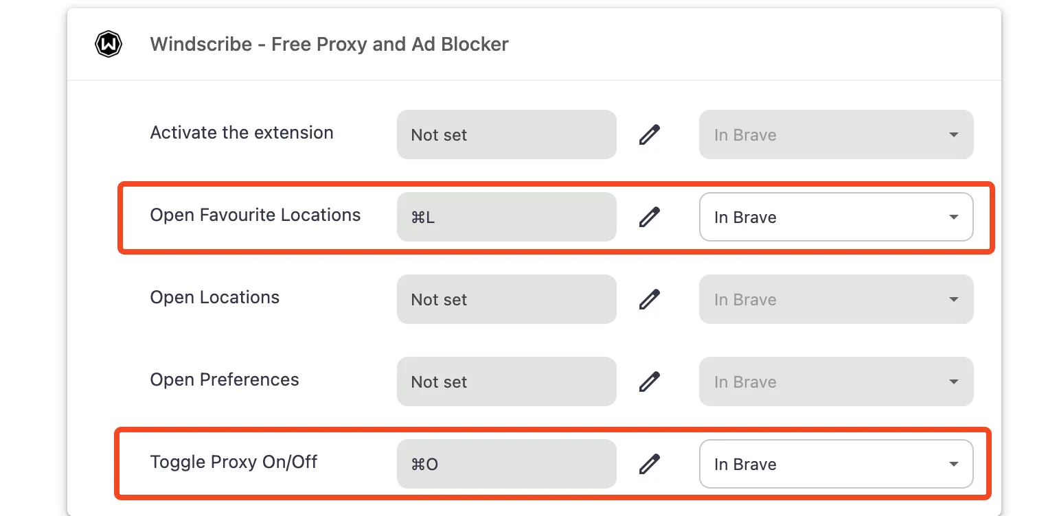 Cài đặt tiện ích mở rộng Windscribe trong trình duyệt Brave, cho phép tùy chỉnh phím tắt nhanh chóng.