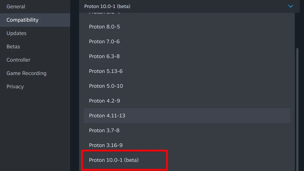 Cài đặt tương thích trên Steam, hiển thị danh sách các phiên bản Proton với tùy chọn Proton 10.0-1 (beta) được đánh dấu, hướng dẫn bật Proton 10
