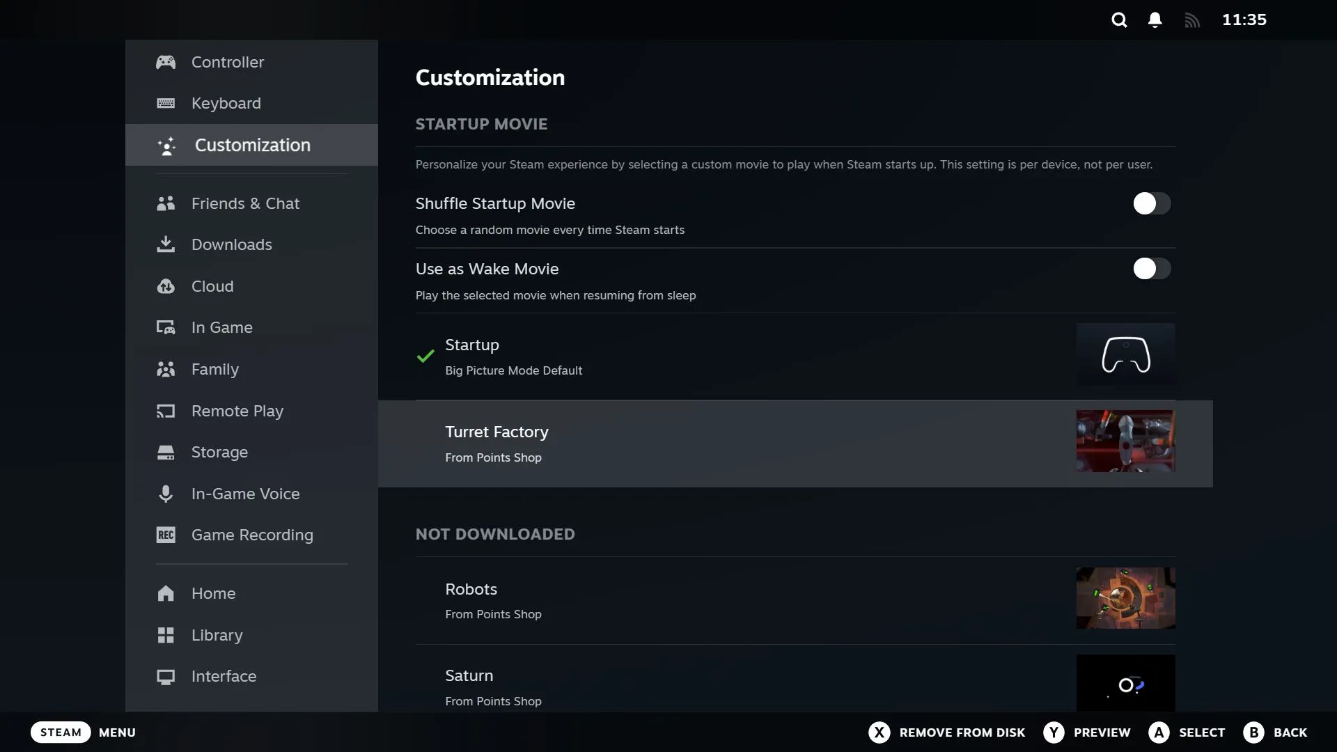 Cài đặt Tùy chỉnh Steam với phần video khởi động được chọn, cho phép thay đổi video startup movie.