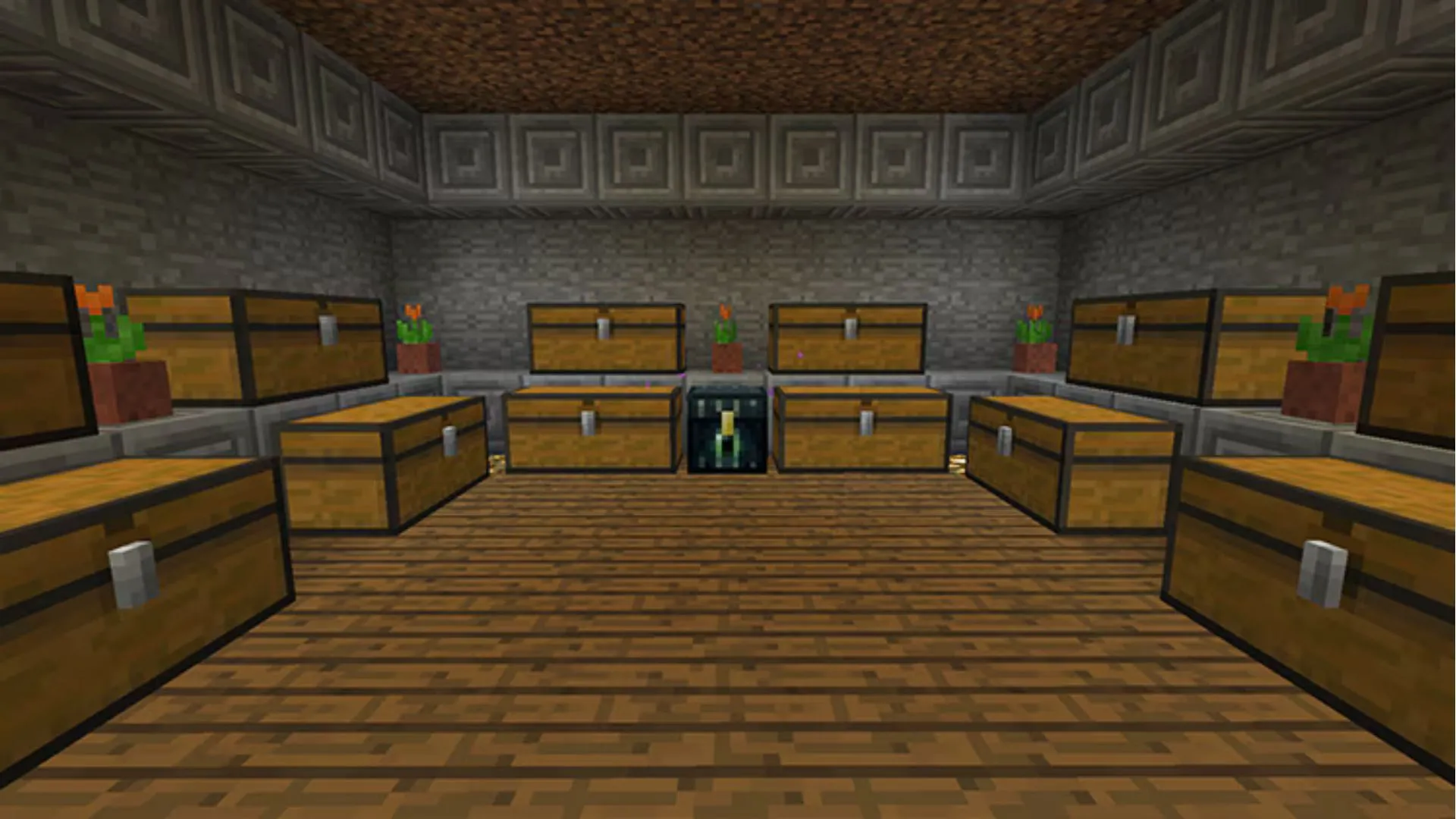 Căn phòng chứa đầy rương trong Minecraft, minh họa khả năng tạo thế giới ngẫu nhiên của AI trong game.