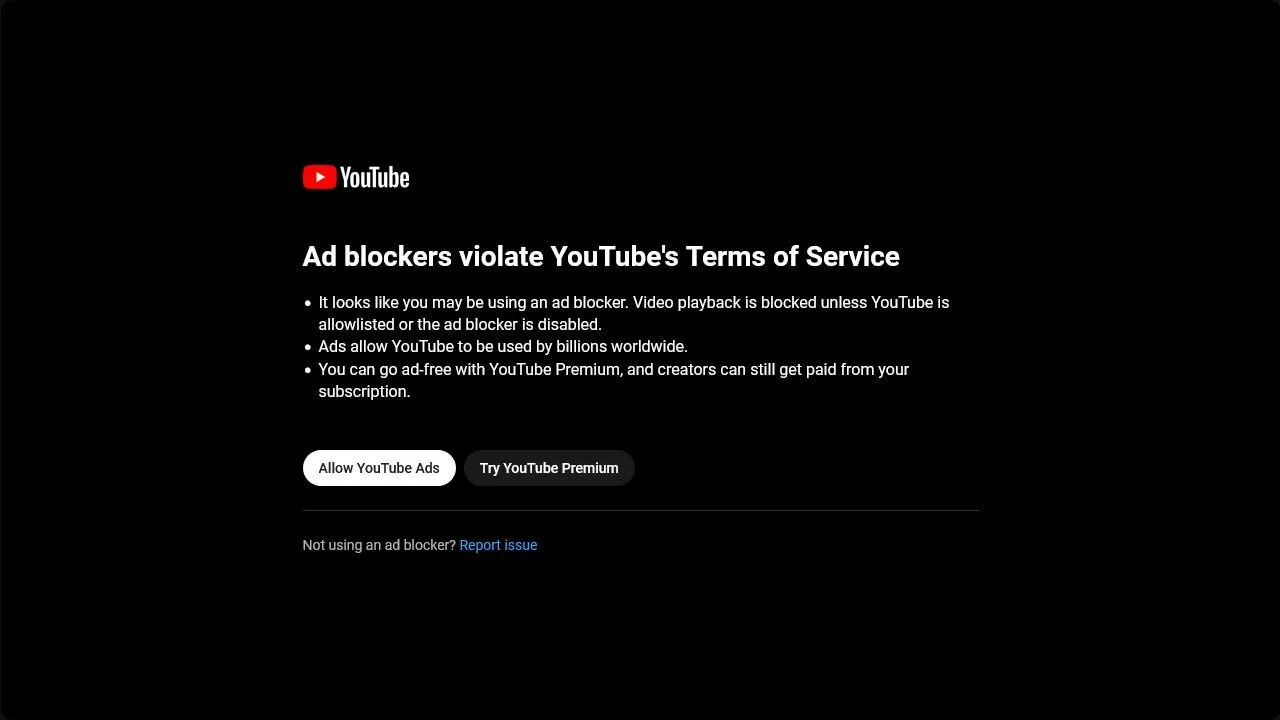 Cảnh báo từ YouTube yêu cầu tắt trình chặn quảng cáo để tiếp tục xem video.
