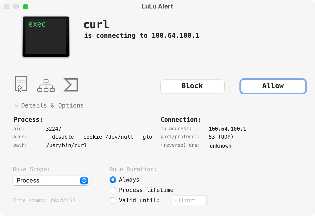 Cảnh báo tường lửa LuLu hiển thị khi một ứng dụng mới cố gắng truy cập internet, cho phép người dùng chặn hoặc cho phép kết nối.
