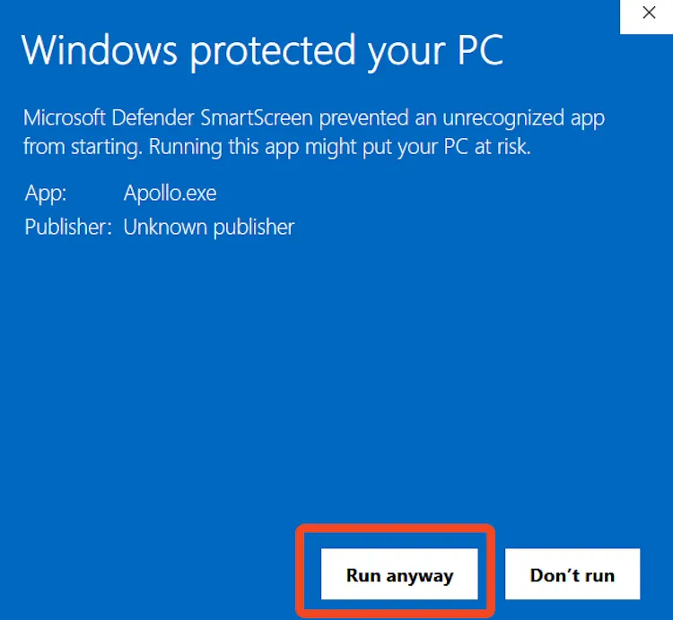 Cảnh báo ứng dụng không nhận dạng được của Windows Defender khi chạy.